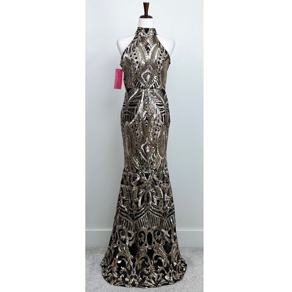 Gatsby Sequin Embellished Gold Halter Mermaid Formal Gown NWT - Picture 3 of 10